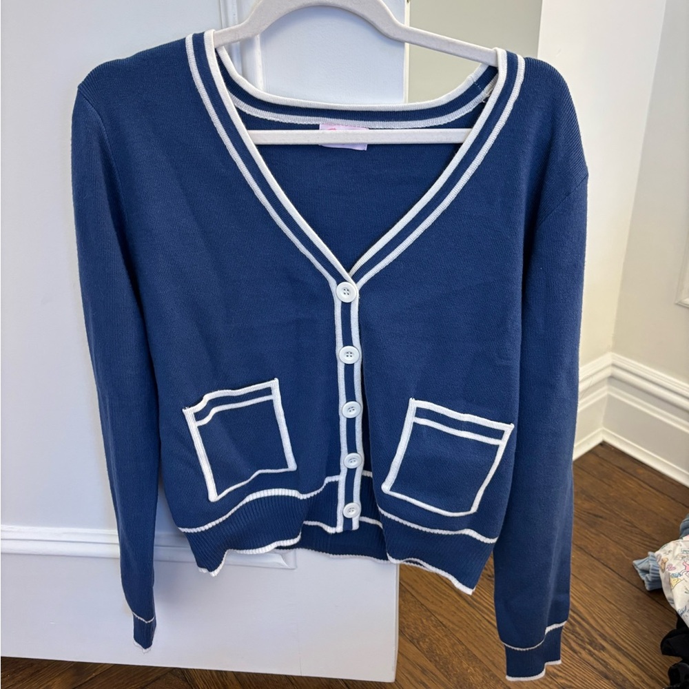 Pink Lily Navy Cardigan with White Trim